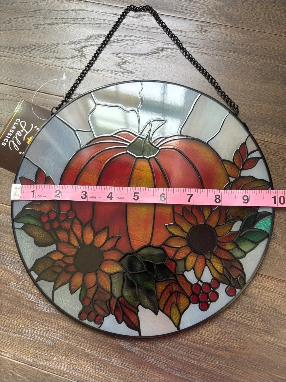 Hobby Lobby Pumpkin & Sunflowers Round Stained Glass Wall/Window decor,chain